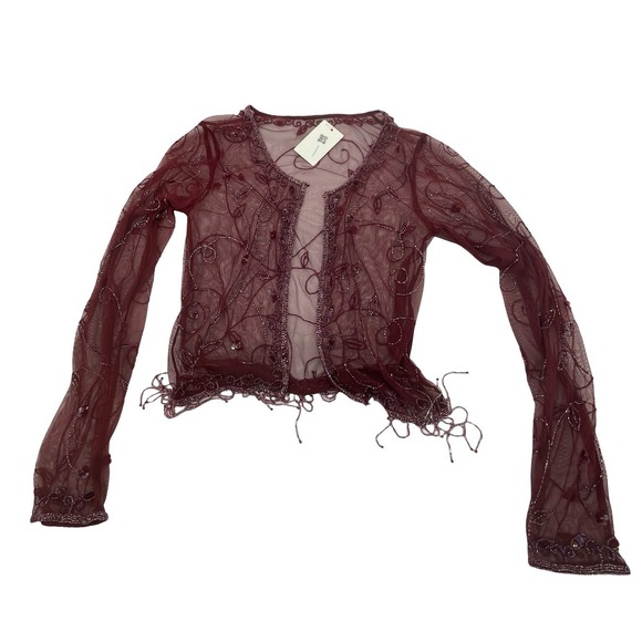 Unbranded Sweaters - Unbranded Women Cardigan Bolero Shrug Vintage Burgundy Mesh Beaded One Size